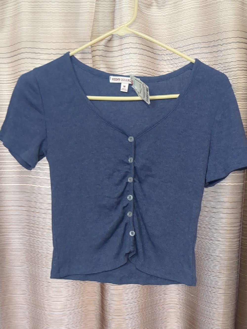 Renee C. Navy Short-Sleeve Button-Down Crop Top